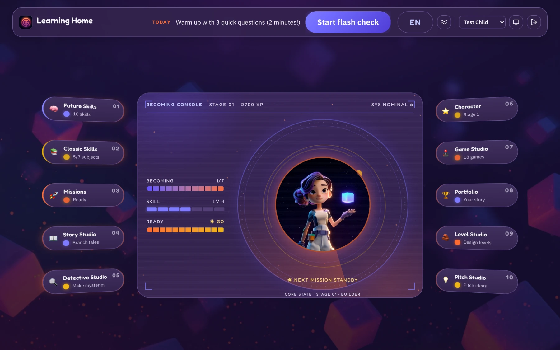 A child's Globeskool Becoming Console: their character in the core, today's mission, and console keys for the ten future skills, core subjects and the five studios.