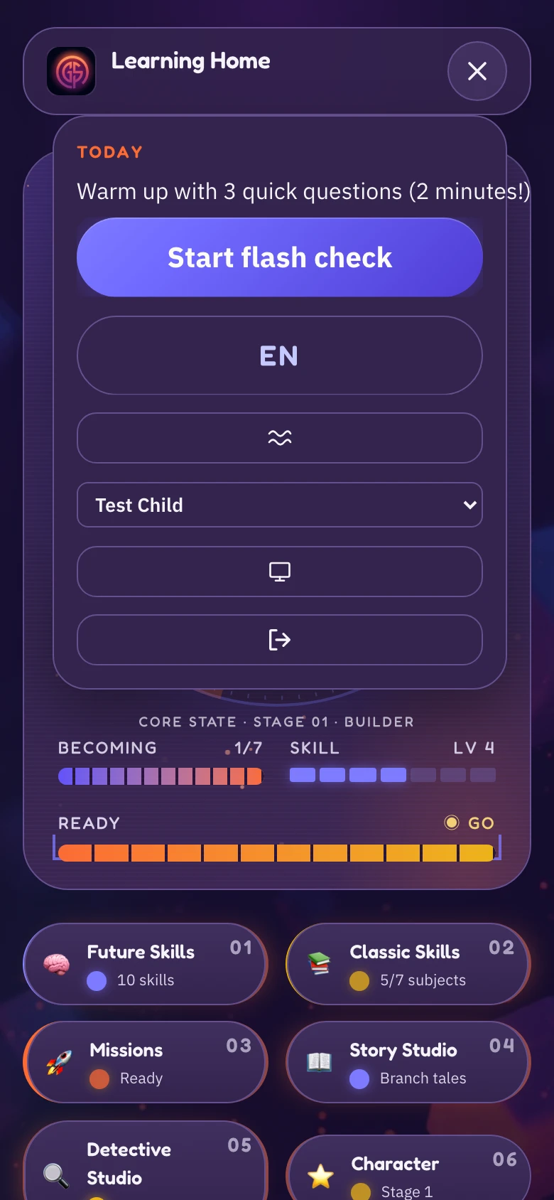 The Globeskool mobile menu opened over the console: language, calm mode, sound, refresh, the child picker and logout as calm full-width controls.