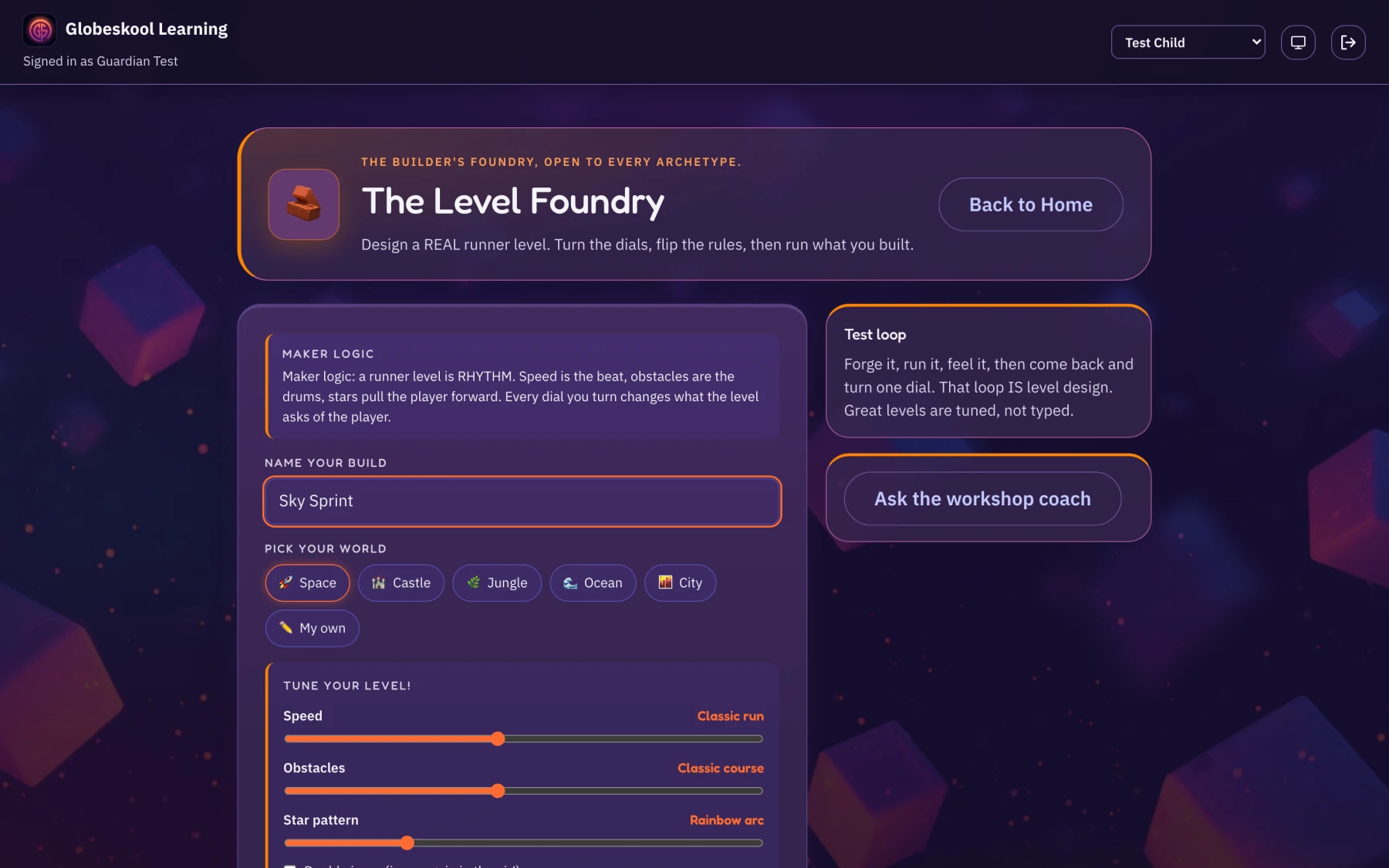 The Level Foundry bench in Globeskool: a child tunes real level dials for speed, obstacles and star patterns, then runs the runner level they forged.