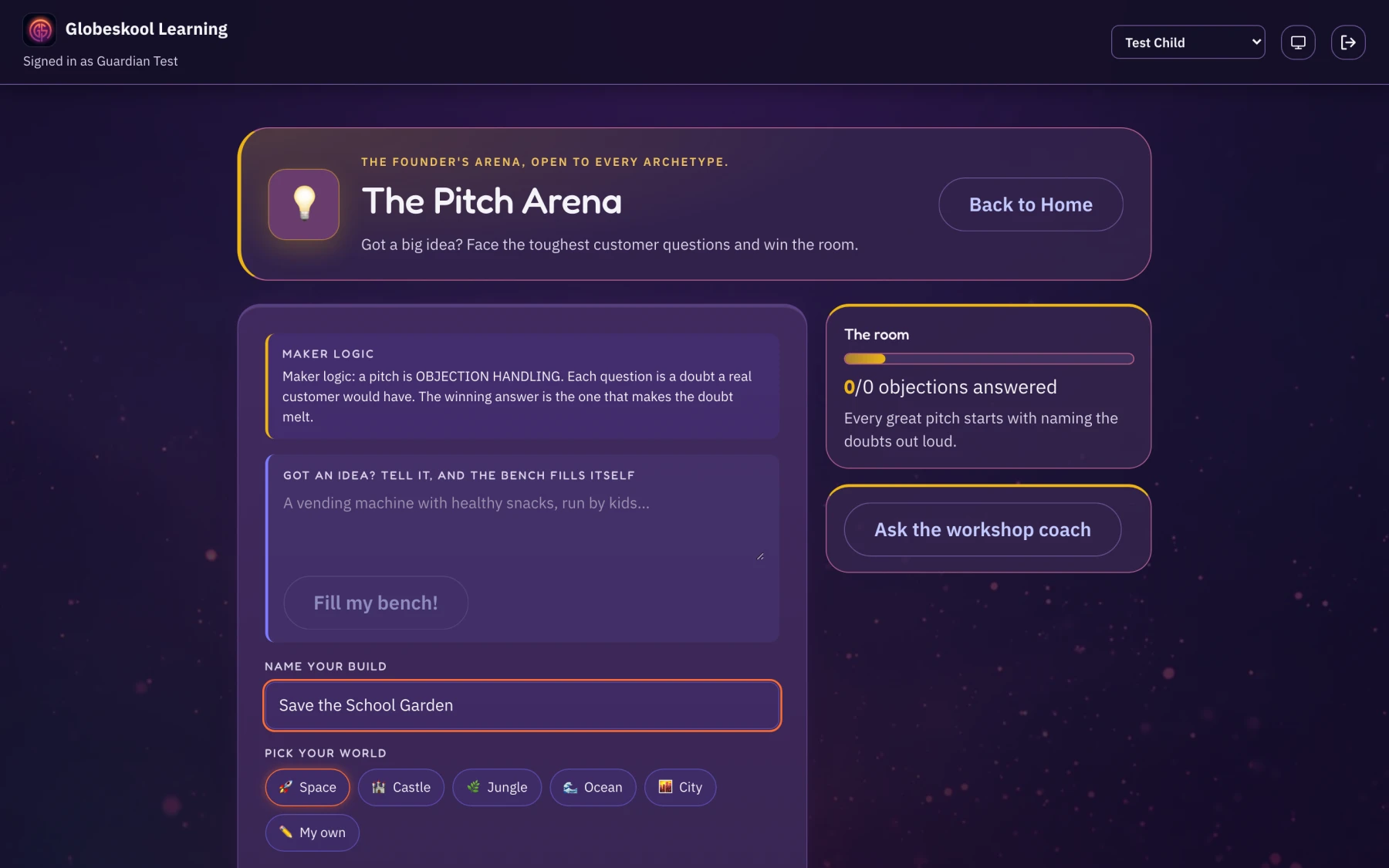 The Pitch Arena bench in Globeskool: a child names their pitch, tells the studio their idea, and the room meter tracks how many customer objections they have answered.