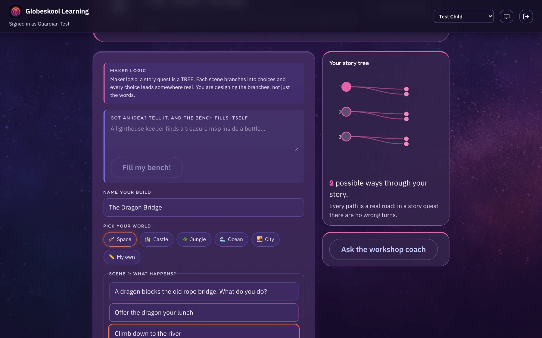 The Story Studio bench in Globeskool: a child names their build, picks a world, writes the choices in scene one, and a live story tree counts the real paths through their tale.